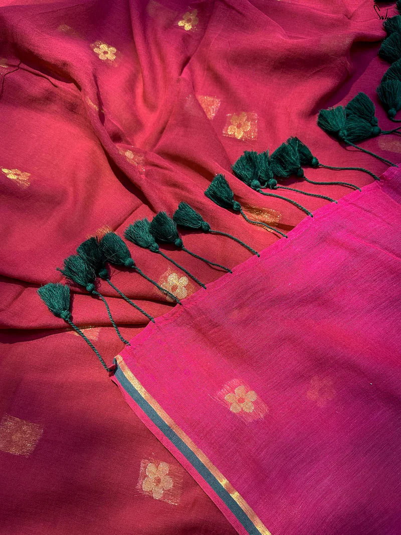 Dark Red Woven Pure Soft Silk Saree with Unstitched Blouse Piece (Copy)