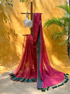 Dark Red Woven Pure Soft Silk Saree with Unstitched Blouse Piece (Copy)