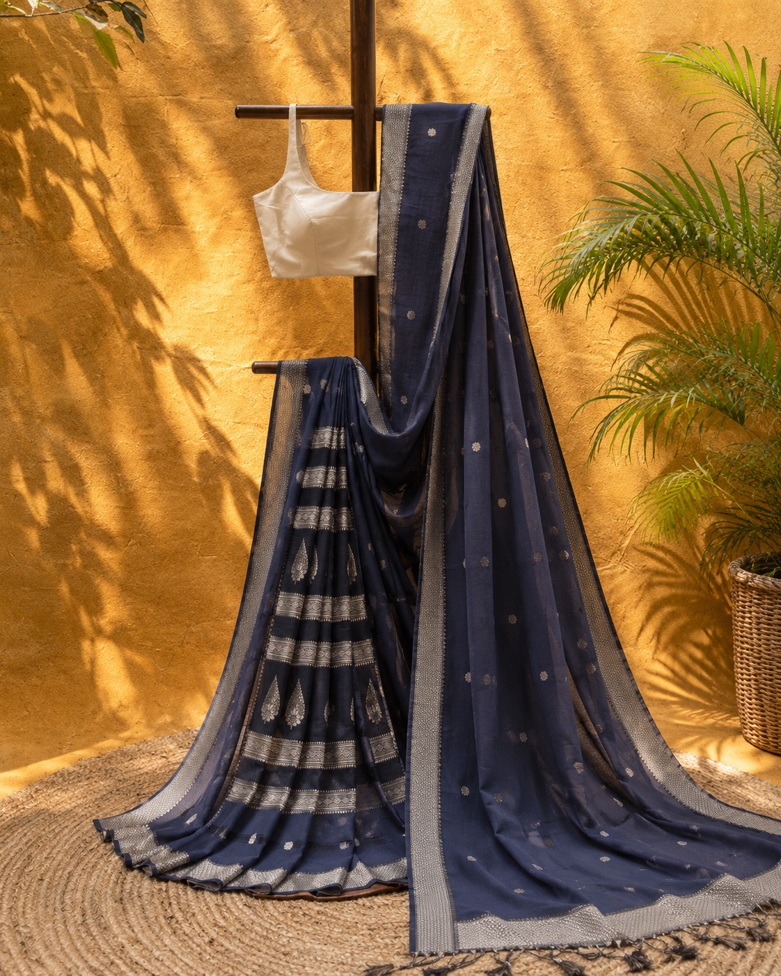 Navy Pure Tussar Silk Hand Painted Saree with Unstitched Blouse Piece