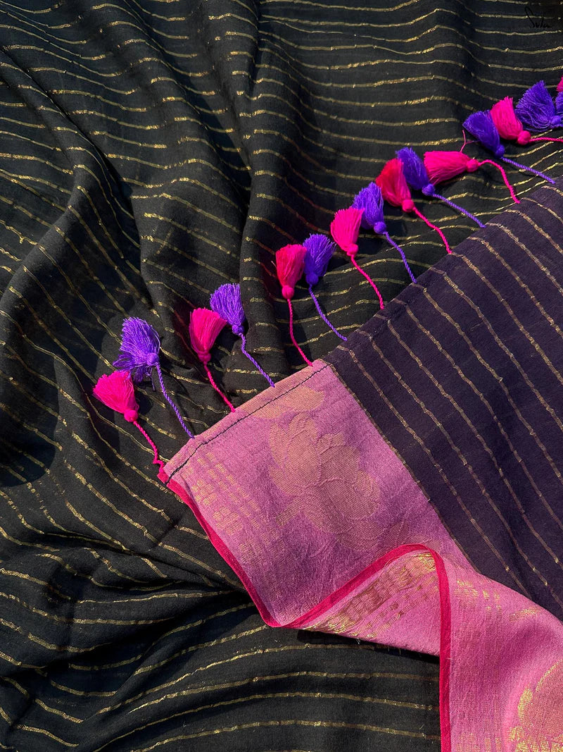 Navy Pure Tussar Silk Hand Painted Saree with Unstitched Blouse Piece (Copy)