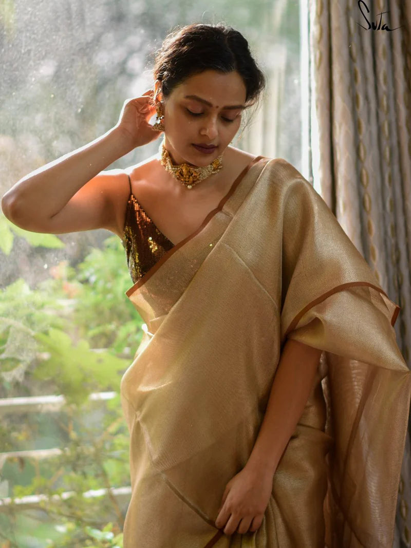 Yellow Pure Tissue Cotton Chanderi Eknaliya Saree with Unstitched Blouse Piece